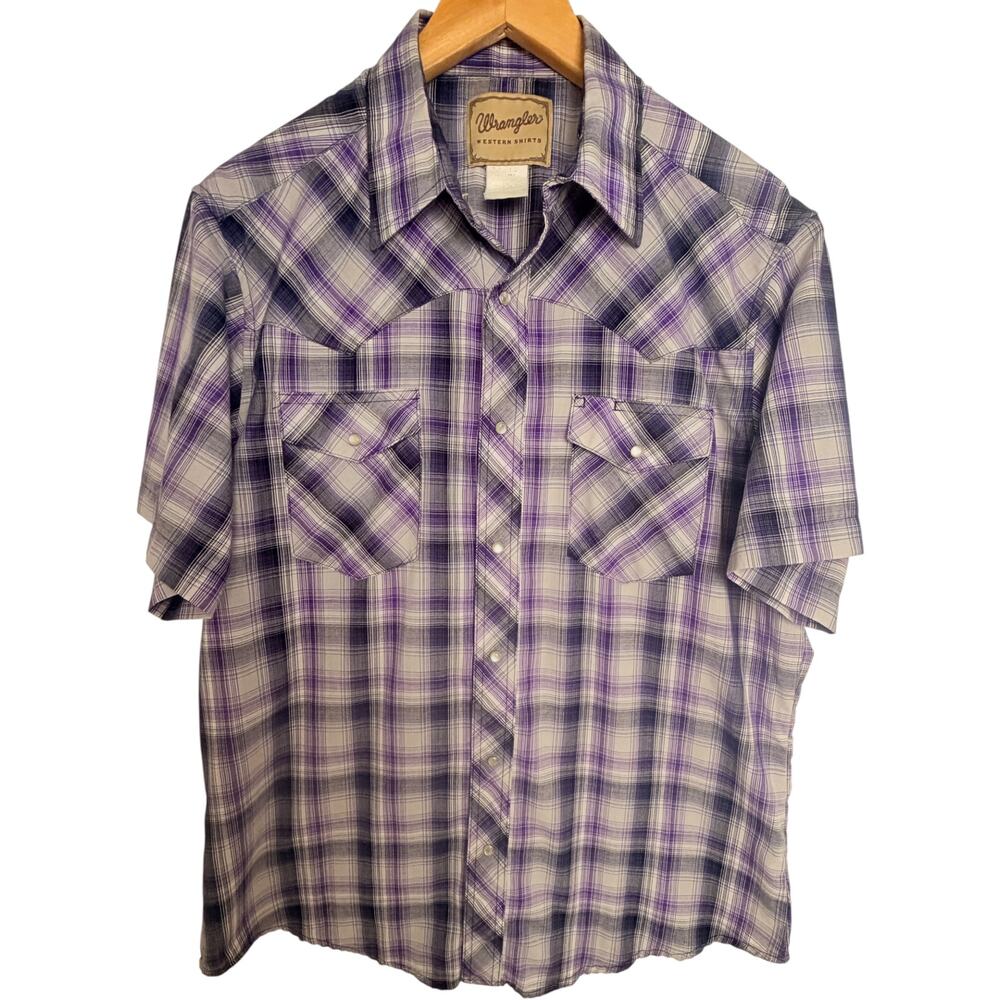 Wrangler Purple Gray Plaid Pearl Snap Western Shirt Mens L Short Sleeve